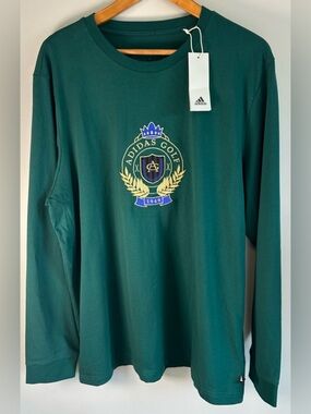 Adidas Golf Go-To Crest Embroidered LS T-Shirt Cotton XL Collegiate Green NWT